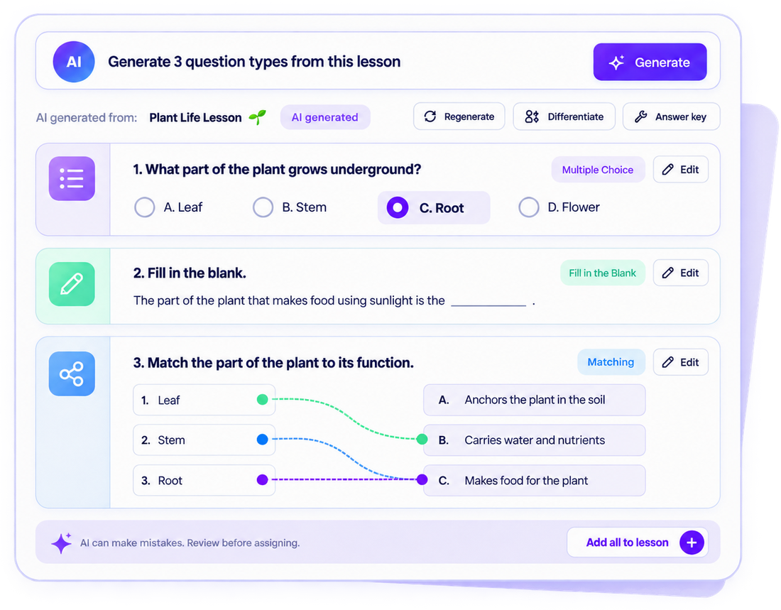 KreaCAD AI assistant: three generated question types ready to add to a lesson