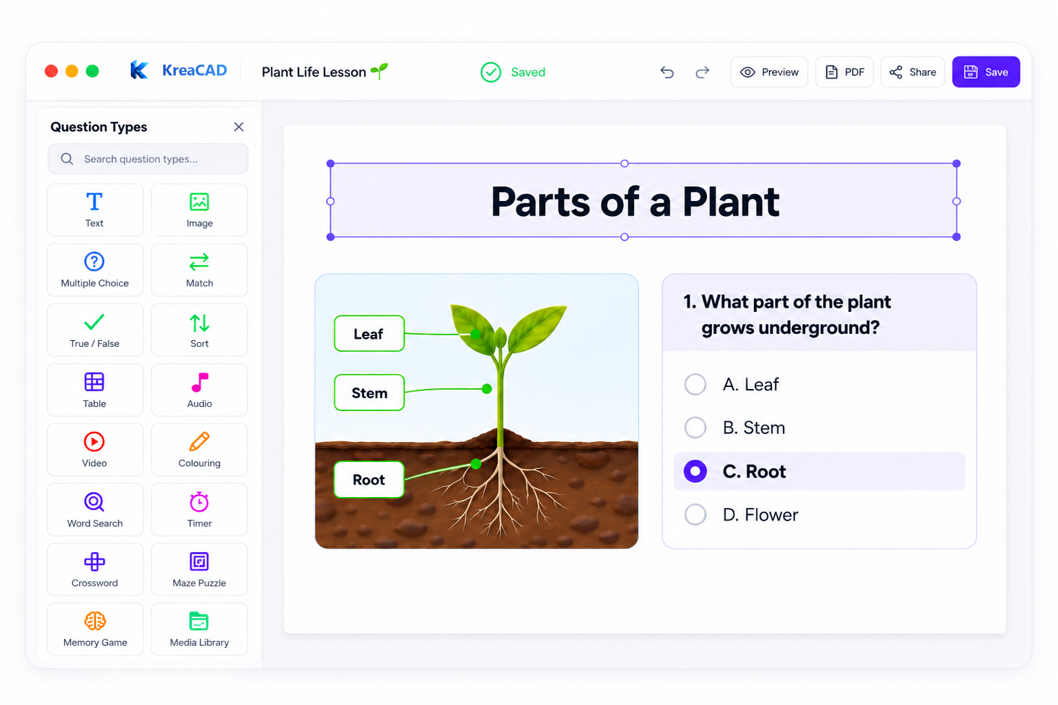 KreaCAD editor: question types panel and a lesson canvas